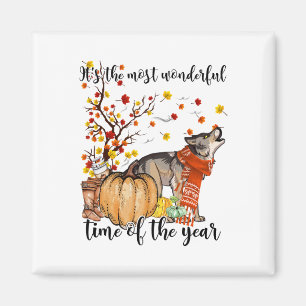 Wolf Dog Fall Pumpkins Autumn Leaf Tree Magnet