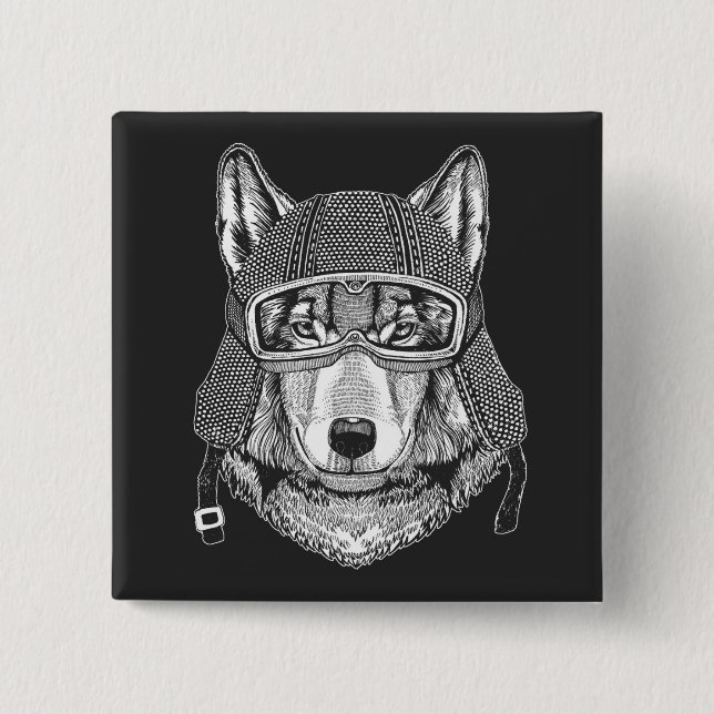 Wolf Dog Motorcycle Rider 2 Inch Square Button (Front)