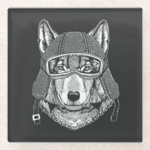 Wolf Dog Motorcycle Rider Glass Coaster