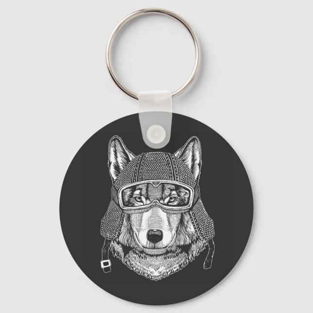 Wolf Dog Motorcycle Rider Keychain (Front)