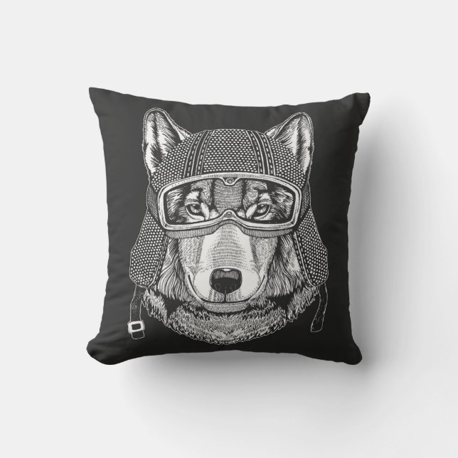 Wolf Dog Motorcycle Rider Throw Pillow (Front)