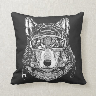 Wolf Dog Motorcycle Rider Throw Pillow