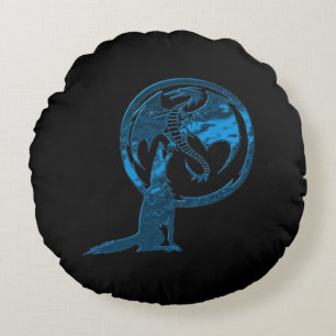 Wolf & Dragon Bleu rond coussin en coton noir