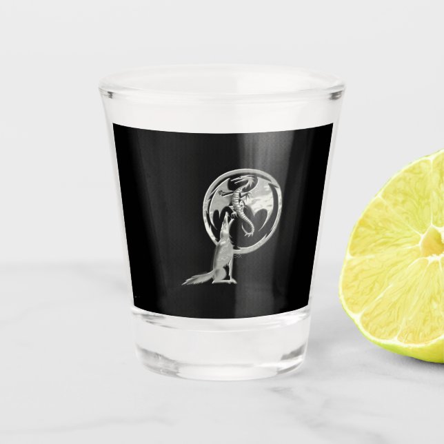 Wolf & Dragon silver black shot glass (Front)