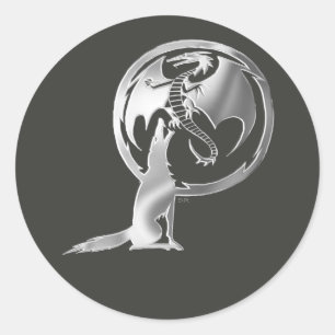 Wolf & Dragon Silver large round sticker