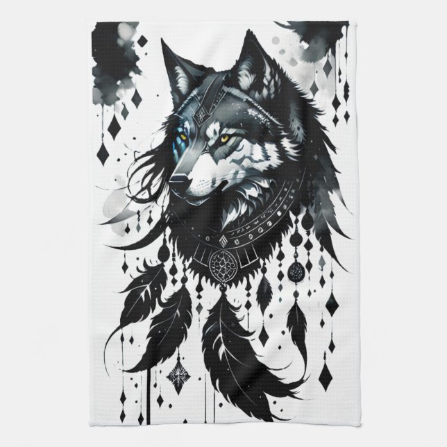 wolf, dreamcatcher, amulet, talisman, protection, kitchen towel (Vertical)