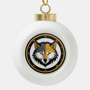 Wolf Emblem Logo With Golden Circle Ceramic Ball Christmas Ornament