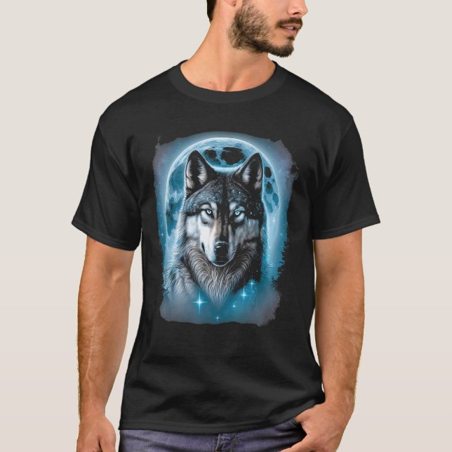 Wolf Face and Moon Graphic T-Shirt (Front)