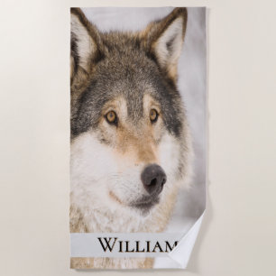 Wolf face head wildlife winter forest name beach towel