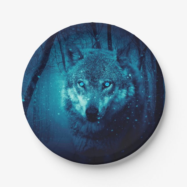 Wolf face in dark fantasy forest paper plate (Front)