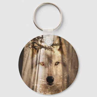 Wolf face in the woods keychain