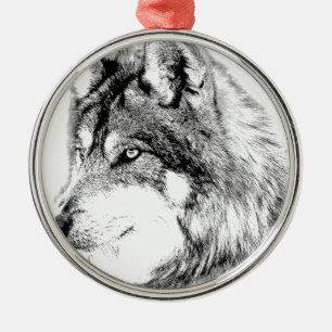 Wolf Face. Majestic Wolf Gazes Into The Distance. Metal Ornament