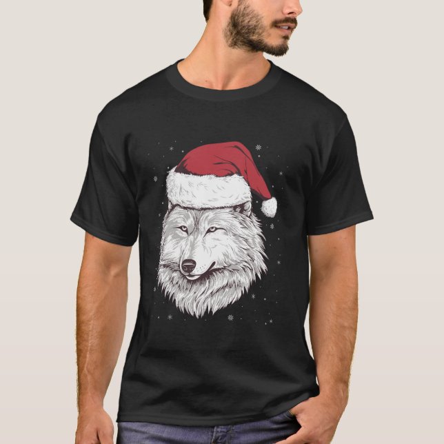 Wolf Face Wolves Santa Hat Wolf Christmas T-Shirt (Front)