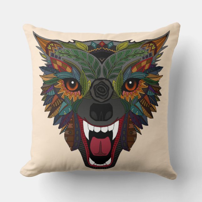 wolf fight flight ecru throw pillow (Front)
