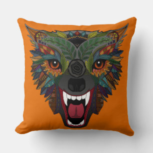 wolf fight flight orange throw pillow