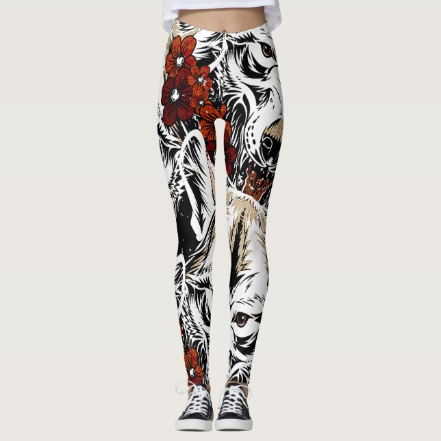 Wolf Flower Tatoo Vintage Pattern Leggings (Front)