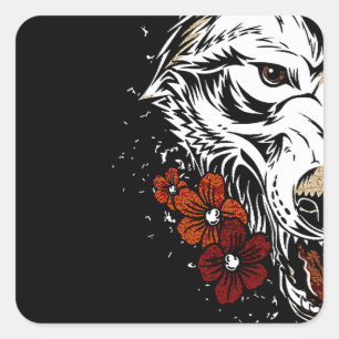 Wolf Flower Tatoo Vintage Square Sticker