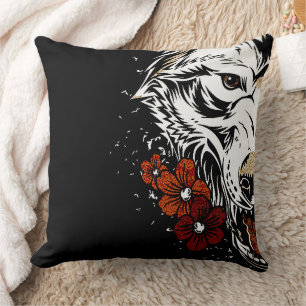 Wolf Flower Tatoo Vintage Throw Pillow