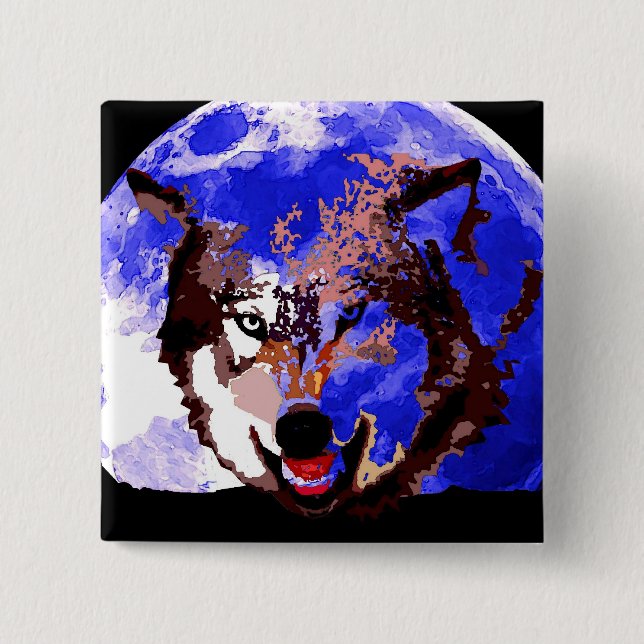 Wolf & Full Moon 2 Inch Square Button (Front)