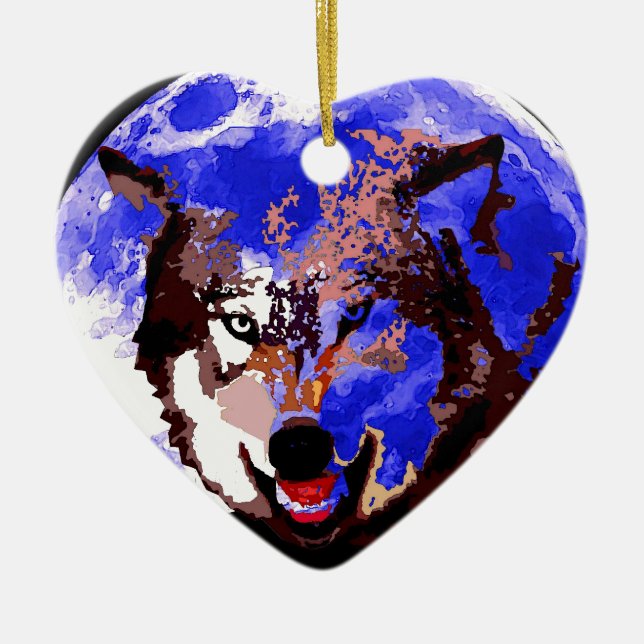 Wolf & Full Moon Ceramic Ornament (Front)