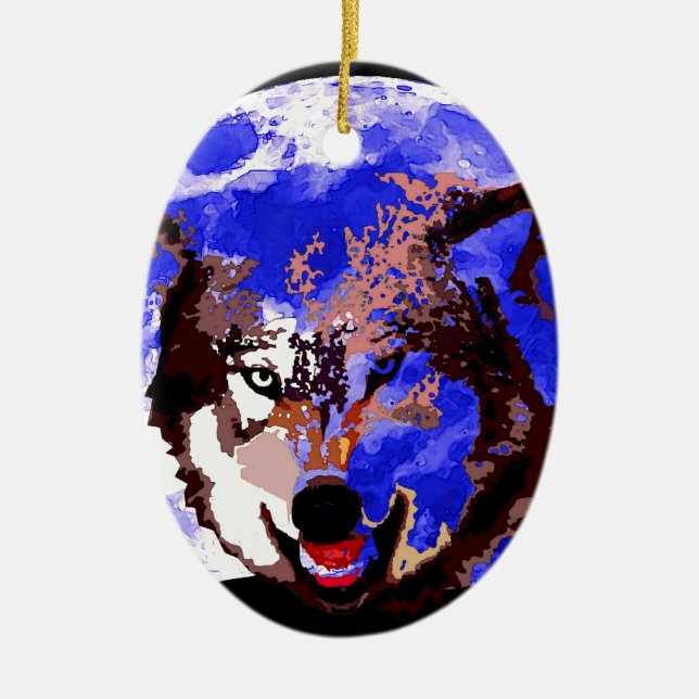 Wolf & Full Moon Ceramic Ornament (Front)
