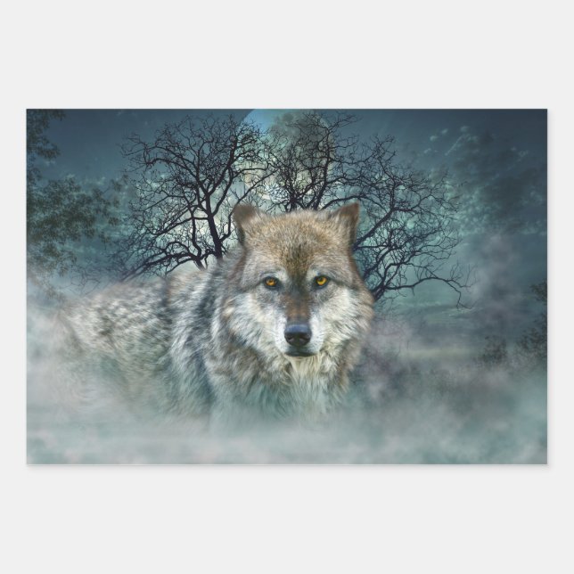 Wolf Full Moon in Fog Wrapping Paper Sheet (Front)
