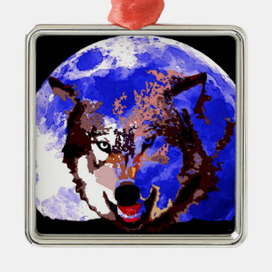 Wolf & Full Moon Metal Ornament