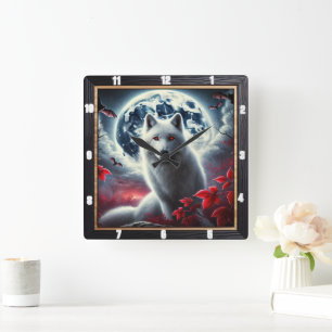 Wolf Full Moon  Mystical Bats in Vibrant Colours Square Wall Clock