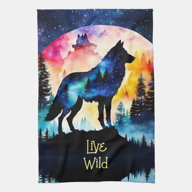 Wolf full moon watercolor trees kitchen towel (Vertical)