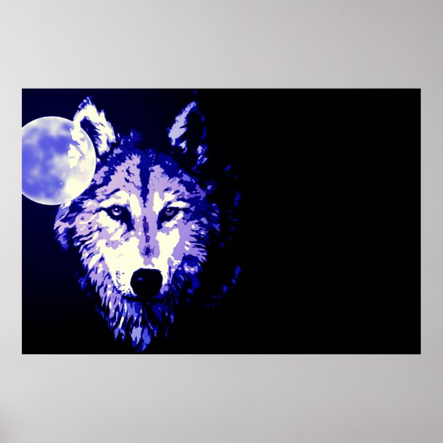 Wolf Fullmoon Blue Black Poster (Front)