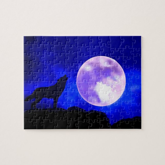 Wolf Fullmoon & Blue Night - Wild Animals Art Jigsaw Puzzle (Horizontal)