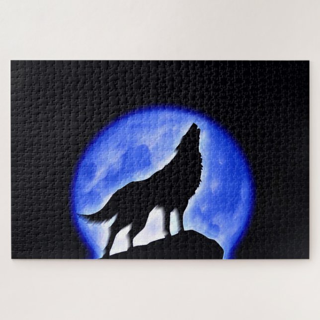 Wolf Fullmoon & Blue Night - Wild Animals Art Jigsaw Puzzle (Horizontal)