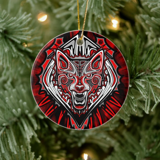 Wolf Haida Tribal Totem Design Ceramic Ornament (Tree)