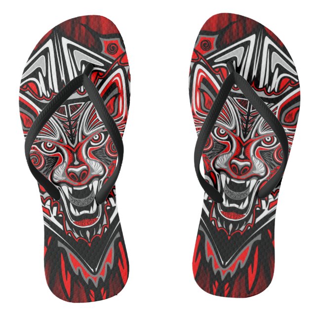 Wolf Haida Tribal Totem Design Flip Flops (Footbed)