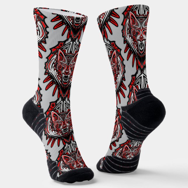 Wolf Haida Tribal Totem Design Socks (Angled)