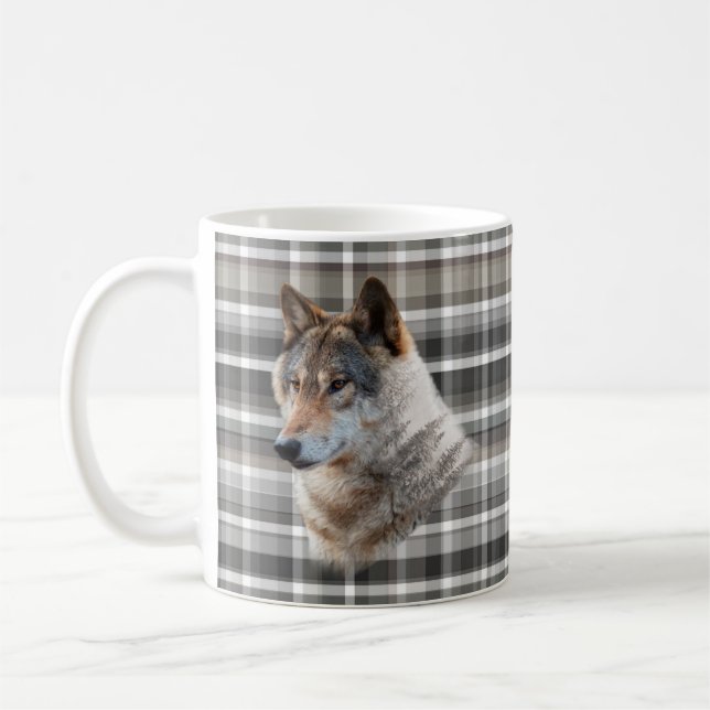 Wolf Head Cabin Mountain Grey Plaid Rustic Coffee Mug (Left)