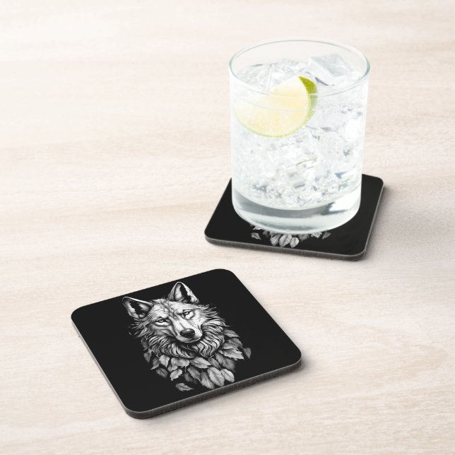 wolf head leaves animal original art drawing coaster (Right Side)