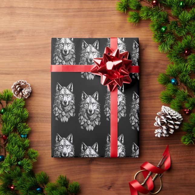wolf head leaves animal original art drawing wrapping paper (Holiday Gift)
