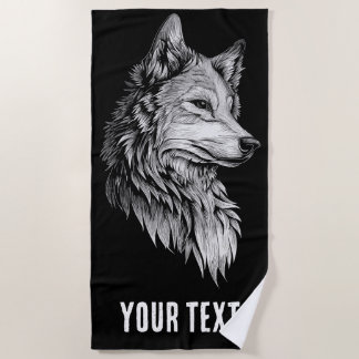 Wolf Head Line Art Beach Towel Minimal Dark Design