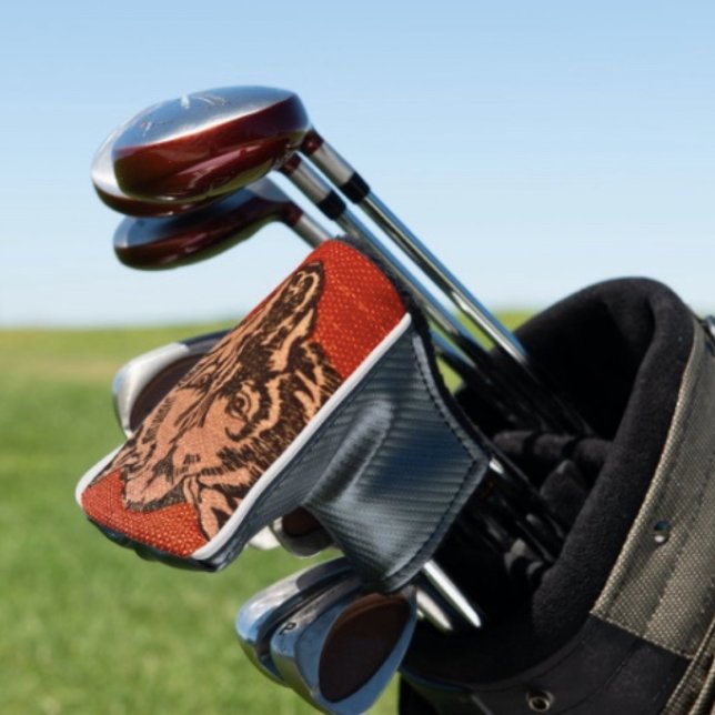 Wolf Head on Red  Golf Head Cover (Wolf Head on Red  golf head cover D: 6"l x 5"w x 3"h Polyester, cotton. Fits most standard putters.)