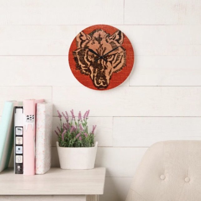 Wolf Head on Red  Large Clock (Wolf Head on Red  Design high-quality wall clock vibrantly printed non-ticking design.

)