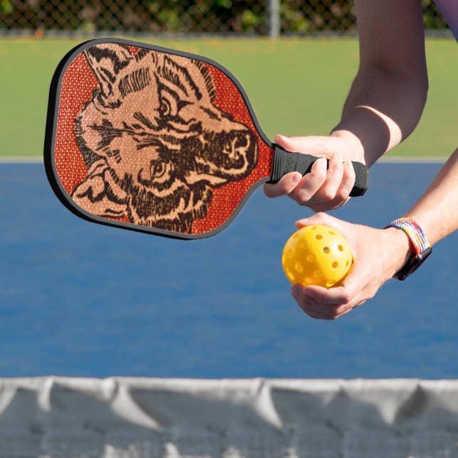 Wolf Head on Red  Pickleball Paddle (Insitu)