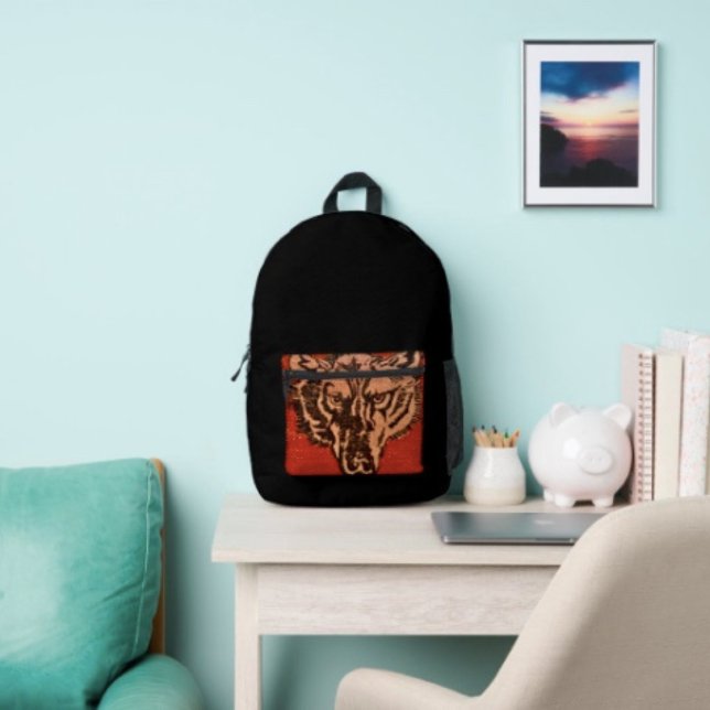 Wolf Head on Red Printed Backpack (Wolf Head on Red  Design Back ack lightweight and durable padded shoulder straps. )