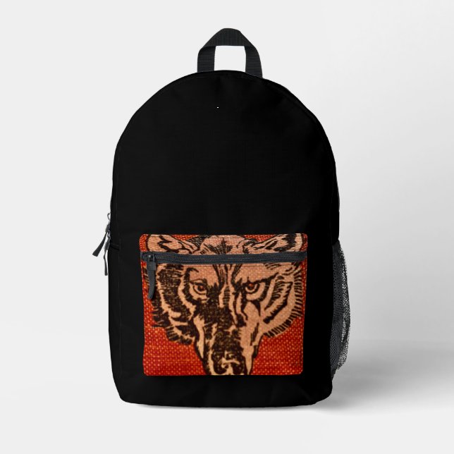 Wolf Head on Red Printed Backpack (Front)
