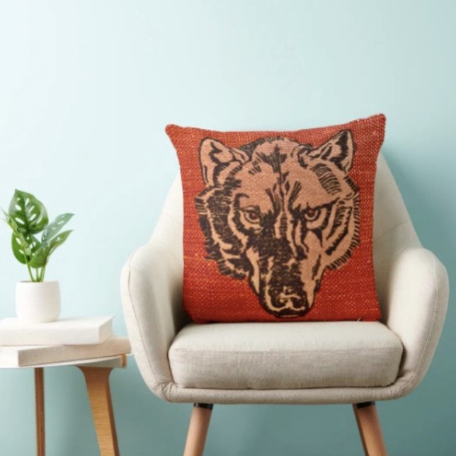 Wolf Head on Red Throw Pillow (Wolf Head on Red  Design pillow high quality 100% polyester hidden zipper enclosure.
)