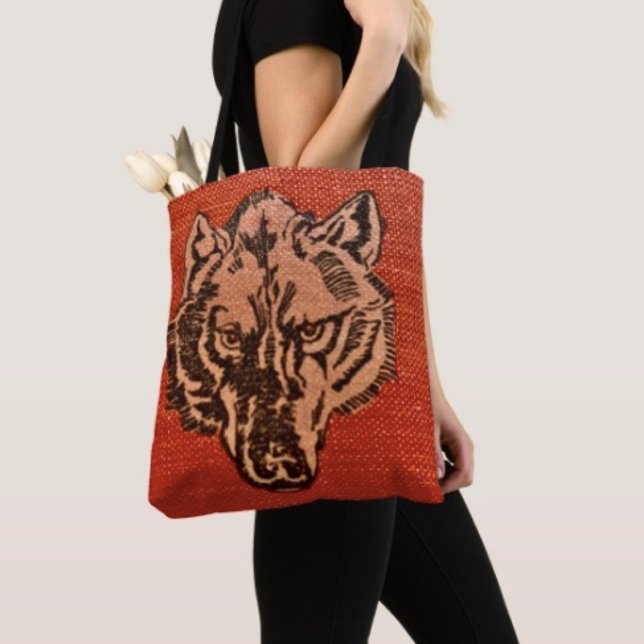 Wolf Head on Red Tote Bag (Wolf Head on Red  Design Travel Tote Bag, laminated  for extra support. Made in USA. )