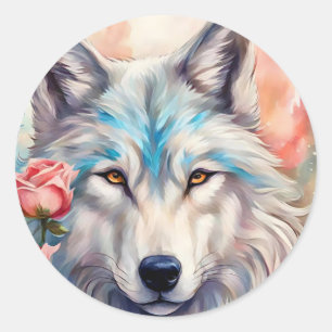 wolf head pink roses animal wildlife painting classic round sticker