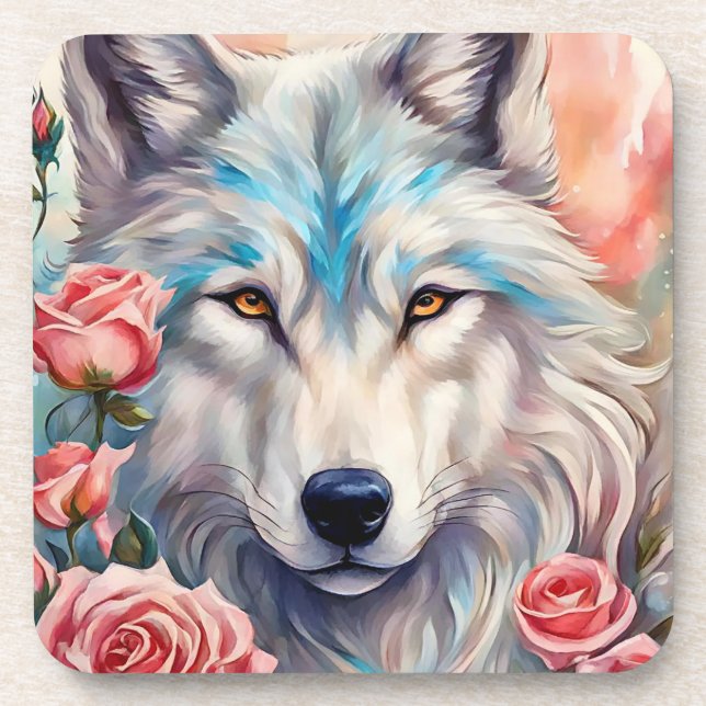 wolf head pink roses animal wildlife painting coaster (Front)