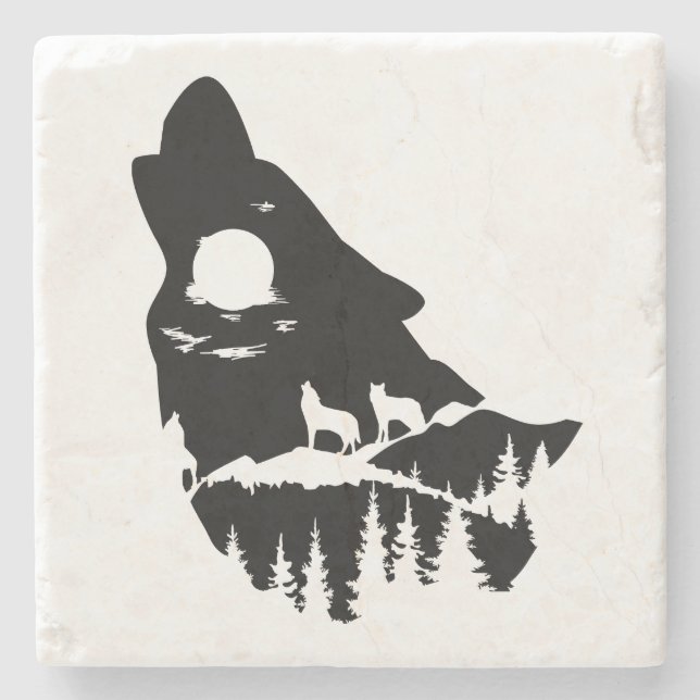 Wolf Head Silhouette Stone Coaster (Front)