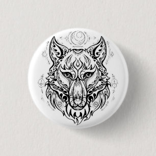 Wolf head with ethnic decorations  1 inch round button